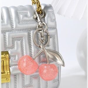 Cherry Bag Charm - Glittery Pink & Silver w/ Dog Leash Clip & Keychain